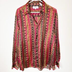 Genelli Vintage Men’s Silk Shirt Geometric Shades Black Tan Long Sleeve L